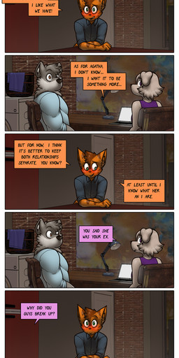 blush dialogue female group male text trio james_howard patreon alphonse_(james_howard) jill_(james_howard) richard_(james_howard) canid canine canis domestic_cat domestic_dog felid feline felis mammal wolf absurd_res comic english_text hi_res url