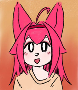 accessory clothing female hair headband jiwan open_mouth pink_hair red_headband shirt smile solo topwear canid canine fox humanoid mammal hi_res