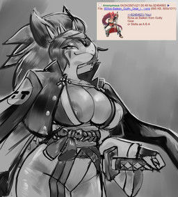 anthro areola asian_clothing big_areola big_breasts blush blush_lines breasts cleavage clothed clothing cosplay curvy_figure east_asian_clothing eyelashes facial_horn female hair hair_over_eye head_spikes horn huge_breasts jacket japanese_clothing kimono long_hair looking_at_viewer melee_weapon nipple_slip nose_horn ponytail smile snout solo spikes spikes_(anatomy) sword thick_thighs topwear voluptuous voluptuous_anthro voluptuous_female weapon wide_hipped_anthro wide_hipped_female wide_hips chervyarts 4chan arc_system_works cavemanon_studios goodbye_volcano_high guilty_gear ko_op_(game_developer) snoot_game baiken rosa_(gvh) aquilops ceratopsian dinosaur marginocephalian ornithischian prehistoric_species reptile scalie 2026 black_and_white hi_res monochrome