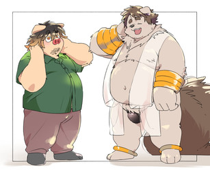 anthro belly big_belly blush bottomwear bulge clothing duo eyes_closed kemono male moobs navel overweight overweight_male pants shirt standing topwear underwear inunoshippo canid canine canis domestic_dog domestic_pig mammal suid suine sus_(pig) 2026 6:5 hi_res