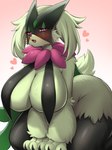 anthro big_breasts blush breast_curtains breasts female fur green_body green_fur hair heart_symbol huge_breasts looking_at_viewer nude simple_background solo thick_thighs kkhyun5016 nintendo pokemon felid feline generation_9_pokemon mammal meowscarada pokemon_(species) absurd_res hi_res