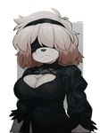 anthro big_breasts black_clothing black_topwear blindfold breasts chest_tuft cleavage_cutout clothed clothing cosplay covered_eyes cutout female fur hair obscured_eyes simple_background solo three-quarter_view topwear tuft crazysnuft nier_automata platinumgames mica_(crzaysnuft) yorha_2b canid canine canis domestic_dog mammal crossover graphite_(artwork) hi_res pencil_(artwork) traditional_media_(artwork)