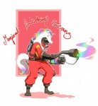 clothing costume flamethrower horn male mask not_furry rainbow ranged_weapon solo tail text weapon xcopycat mythology reliable_excavation_demolition team_fortress_2 valve pyro_(team_fortress_2) equid equine human mammal mythological_creature mythological_equine unicorn 2010 english_text