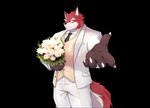 2022 absurd_res alpha_channel anthro black_necktie canid canine chair claws clothing diederich_olsen flower fox furniture gesture hand_gesture hi_res holidays knights_college male mammal necktie plant solo suit tail valentine's_day white_clothing white_flower white_suit