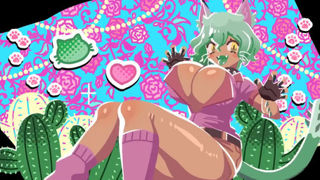 belt big_breasts blush bottomwear bouncing_breasts breasts cactus choker claws cleavage clothed clothing collar curly_hair female fingerless_gloves glistening glistening_body glistening_breasts glistening_thighs gloves green_hair hair handwear heart_symbol jewelry legwear necklace pink_clothing plant shorts smile snaggle_tooth solo tanned tanned_skin thick_thighs thigh_highs tongue tongue_out whiskers yellow_eyes lp8000mao animal_humanoid cat_humanoid felid felid_humanoid feline feline_humanoid humanoid mammal mammal_humanoid 16:9 2d_animation animated motion_tweening no_sound short_playtime video widescreen