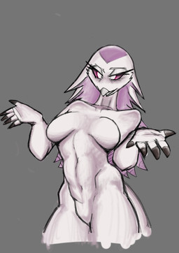 abs anthro big_breasts breasts featureless_breasts featureless_crotch female fur gesture navel non-mammal_breasts non-mammal_navel nude shrug smile solo standing white_body white_fur hlappy3 hellaverse helluva_boss stella_(helluva_boss) avian bird absurd_res hi_res