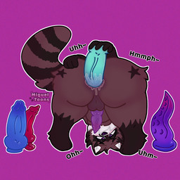 anal anal_fluids anal_masturbation anal_penetration animal_genitalia animal_penis anthro backsack balls big_butt bodily_fluids brown_body brown_fur butt cum cum_in_ass cum_inside dildo dildo_in_ass dildo_insertion femboy fur genital_fluids genitals knot knotted_dildo knotted_penis male masturbation moan object_in_ass penetration penis raccoon_tail rear_view satisfied sex_toy sex_toy_in_ass sex_toy_insertion shortstack shortstack_male solo tentacle_dildo tentacles text thick_thighs migueltoons mimi_raccoon mammal procyonid raccoon 1:1 hi_res