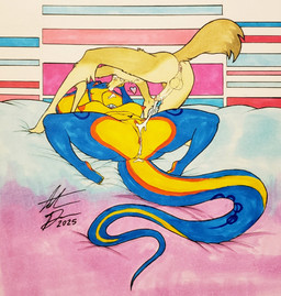 5_toes after_sex anthro anthro_on_anthro anthro_penetrated anthro_penetrating anthro_penetrating_anthro anus balls bed big_breasts blue_body blue_scales bodily_fluids breasts brown_nose butt cum cum_from_penis cum_from_vagina cum_in_vagina cum_inside cum_on_penis cum_string duo erection eyes_closed feet female fur furniture genital_fluids genitals hair humanoid_feet humanoid_genitalia humanoid_penis interspecies interspecies_romance jewelry kiss_on_lips kissing lying lying_on_bed male male/female multicolored_body multicolored_scales navel necklace necklace_only nipples nude nude_anthro nude_female nude_male on_back on_bed pendant penetration penis plantigrade pubic_tattoo romantic romantic_ambiance romantic_couple scales sex tail tan_body tan_fur tattoo toes two_tone_body two_tone_scales vulva white_hair yellow_body yellow_scales bikerboyart shen_(zummeng) zaphira_(zummeng) canid canine cobra fennec_fox fox mammal reptile scalie snake true_fox 2025 hi_res painting_(artwork) signature traditional_media_(artwork) traditional_painting_(artwork)