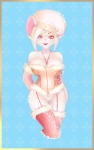 accessory anthro armwear blue_background border bottomless breasts bustier cleavage clothed clothing female front_view fur_trim_(clothing) garter_straps genitals hair headband jewelry legwear lingerie necklace pink_eyes pussy simple_background sleeves solo sparkles thigh_highs white_hair coffinberry eve_(coffinberry) mammal mouse murid murine rodent digital_media_(artwork) portrait three-quarter_portrait