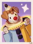 anthro clothed clothing clown clown_makeup clown_nose eyebrows fingers floppy_ears gloves handwear hat headgear headwear male smile solo doggie358 cc-by-nc-sa creative_commons honkita_(doggie358) canid canine canis domestic_dog mammal 3:4 3d_(artwork) digital_media_(artwork) hi_res mixed_media