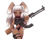 ak_platform black_clothing blush bottomwear bow_(feature) bow_tie breasts brown_body brown_eyes brown_skin bunny_costume chibi clothing costume cuff_(restraint) denim denim_bottomwear denim_clothing denim_shorts ears_down female gun hair heart_symbol holding_gun holding_machine_gun holding_object holding_ranged_weapon holding_weapon holster long_hair looking_down low-angle_view machine_gun magazine_(gun) no_pupils open_mouth pivoted_ears ranged_weapon restraints rpk scut_tail short_tail shorts simple_background solo tail tight_clothing walking weapon white_background white_hair wrist_cuffs crab_man_(artist) animal_humanoid humanoid lagomorph lagomorph_humanoid leporid leporid_humanoid mammal mammal_humanoid rabbit rabbit_humanoid portrait three-quarter_portrait