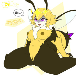 antennae_(anatomy) anthro arthropod_abdomen blonde_hair bodily_fluids breasts female genital_fluids genitals hair heart_eyes heart_symbol insect_wings nipples open_mouth purple_eyes solo speech_bubble stinger text thick_thighs vaginal_fluids vulva wings duskxvi solo_farming_in_the_tower queen_poisonous_honeybee_(solo_farming_in_the_tower) arthropod bee hymenopteran insect 1:1 hi_res