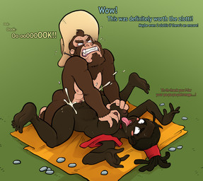 abdominal_bulge anthro beard bodily_fluids breasts clothing cum cum_in_vagina cum_inside cum_splatter dark_body dark_skin dialogue duo exposed_breasts facial_hair female female_penetrated genital_fluids genitals hat headgear headwear human_on_anthro interspecies male male/female male_penetrating male_penetrating_female nude orgasm penetration penile penile_penetration penis_in_vagina prostitution sex spread_legs spreading text tongue tongue_out vaginal vaginal_penetration vulva sparrow_(artist) haplorhine human mammal monkey primate english_text hi_res