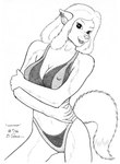 anthro bikini breasts cleavage clothed clothing ear_piercing ear_ring female fur hair looking_at_viewer nipple_outline piercing ring_piercing simple_background solo swimwear two-piece_swimsuit white_background bernard_doove canid canine mammal 1999 greyscale monochrome