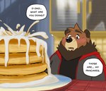 2021 anthro bear black_nose blush bodily_fluids brown_body brown_fur clothing cum cum_on_food detailed_background dialogue duo ejaculation english_text father_(lore) father_and_child_(lore) father_and_son_(lore) food food_fetish food_play fur genital_fluids hi_res hoodie indirect_incest_(lore) inside lukas_artair male mammal overweight overweight_male pancake parent_(lore) parent_and_child_(lore) parent_and_son_(lore) raibear raikuma reflection sitting solo_focus son_(lore) text topwear