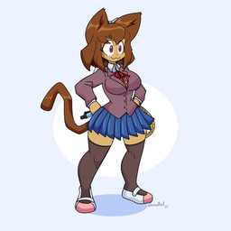 anthro big_breasts breasts brown_hair clothing cosplay crossover_cosplay female hair red_eyes school_uniform smile solo tail uniform gunshad doki_doki_literature_club! gameoverse glitch_productions team_salvato kit_bodega monika_(doki_doki_literature_club!) domestic_cat felid feline felis mammal 1:1 absurd_res crossover hi_res tagme