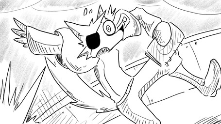 aircraft airship almanac anthro belt bodily_fluids cape clothing cloud deck_(structure) eye_patch eyewear impact male shaking sharp_teeth solo surprised sweat teeth vehicle dragonweirdo kimera_(dragonweirdo) canid canine canis mammal wolf 16:9 hi_res monochrome widescreen