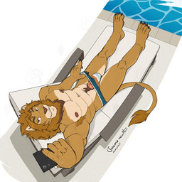 4_toes 5_fingers abs anthro armpit_tuft barefoot bedroom_eyes biped black_claws brown_markings bulge cellphone chair claws clothed clothing clothing_pull countershading crotch_tuft day electronics feet finger_claws fingers fur furniture genitals green_eyes high-angle_view holding_cellphone holding_object holding_phone holding_smartphone lion_mane lounge_chair lying male mane markings multicolored_body multicolored_fur muscular muscular_anthro muscular_male narrowed_eyes navel nipples on_back outside pawpads paws pecs penis phone pink_nipples pink_nose pink_pawpads pink_penis plantigrade poolside pose pubes seductive smartphone smile snout solo speedo speedo_only swimming_pool swimwear swimwear_pull tail tail_tuft taking_picture taking_selfie tan_body tan_fur tan_mane teasing teeth text thumb_in_waistband toe_claws toes toothy_smile topless triceps tuft two_tone_body two_tone_fur vein veiny_penis water grimsvault ado_(adolinkholin) felid lion mammal pantherine 1:1 2025 artist_name cel_shading shaded signature simple_shading