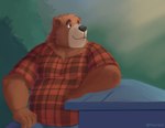 anthro belly big_belly black_nose bottomwear brown_body brown_fur clothing fur humanoid_hands male overweight overweight_male pants shirt sitting solo topwear pawhan3 password_(visual_novel) dean_(password) bear brown_bear mammal ursine 2023