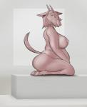 belly breasts butt female happy heavy hooves horn kneeling looking_at_viewer nipples overweight overweight_female slightly_chubby smile solo tail eostex bovid caprine goat mammal 2019 hi_res portrait