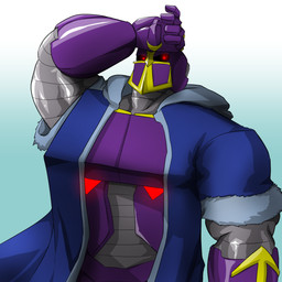 arm_on_head armor clothing coat ekko_spaceknight headgear helmet looking_at_viewer machine male muscular muscular_male red_eyes solo spaceknight topwear ruv humanoid robot robot_humanoid absurd_res hi_res