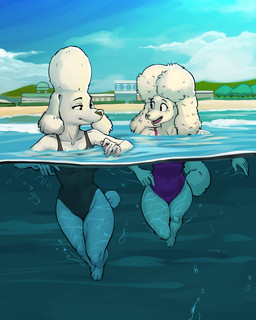 anthro black_clothing black_swimwear city city_background clothing duo female fully_submerged happy looking_at_another one-piece_swimsuit pink_clothing pink_swimwear swimming swimwear underwater water diacordst 20th_century_fox housebroken nickelodeon paw_patrol delores_(paw_patrol) honey_(housebroken) canid canine canis domestic_dog mammal poodle absurd_res hi_res