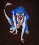 2010 all_fours amber_eyes anthro blood blue_body blue_fur bodily_fluids chest_tuft claws fur hi_res looking_at_viewer male mammal markus_(dowantanaccount) nude sergal snarling solo tail teeth tongue tuft vagabondbastard