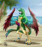 anthro beach beak biped claws cloud detailed_background digitigrade erection feathered_wings feathers fur genitals green_body green_fur hands_on_hips looking_at_viewer male masturbation multicolored_body multicolored_fur multicolored_tail multicolored_wings outside palm_tree penile penile_masturbation penis plant sea seaside solo standing tail tree water wings ahro european_mythology mythology vaulix avian cockatrice mythological_avian mythological_creature mythological_scalie scalie 2014 hi_res