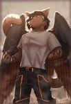 5_fingers anthro biped clothed clothing domestic_cat feathered_wings feathers felid feline felis fingers hair hi_res male mammal rikosakari shirt solo tail topwear whiskers wings