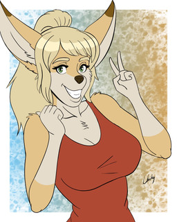 anthro blonde_hair bottomwear clothed clothed_anthro clothed_female clothing ears_up eyebrows eyelashes female fur green_eyes hair looking_at_viewer pants red_clothing red_shirt red_tank_top red_topwear shirt smile smiling_at_viewer solo tail tank_top teeth teeth_showing topwear yellow_body yellow_fur chisheq nadia_(chisheq) 2023 4:5 hi_res