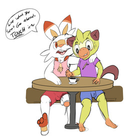 anthro balls blush bodily_fluids bulge clothing dominant duo erection flirting genital_fluids genitals leaking male male/male penis precum submissive sweat wardrobe_malfunction twerpishimp nintendo pokemon generation_8_pokemon grookey haplorhine lagomorph leporid mammal monkey pokemon_(species) primate rabbit scorbunny absurd_res hi_res