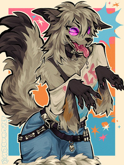 anthro arm_tuft asymmetrical_clothing belt black_lips blue_eyes bodily_fluids border bottomwear bra claws clothed clothing collar denim denim_bottomwear denim_clothing denim_shorts dripping ear_piercing ear_ring eyelashes eyewear fangs female finger_claws fluffy fluffy_tail fur furred_shorts glasses grey_body grey_fur grey_hair hair inner_ear_fluff lips looking_at_viewer open_mouth paw_imprint pawpads piercing pink_eyewear pink_glasses pose ring_piercing saliva saliva_drip saliva_on_tongue sharp_teeth shirt shorts shoulder_tuft solo standing studded_belt studs tail teeth tongue tongue_out topwear tuft underwear white_border duncedogs epic_games fortnite wolfie_(fortnite) canid canine canis mammal wolf 2026 hi_res pinup portrait three-quarter_portrait