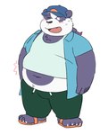 anthro belly big_belly black_nose blush bottomwear clothing hat headgear headwear kemono male navel one_eye_closed overweight overweight_male pants purple_body shirt simple_background solo topwear white_background white_body thatdouginme lifewonders tokyo_afterschool_summoners alp_(tas) bear giant_panda mammal 2024