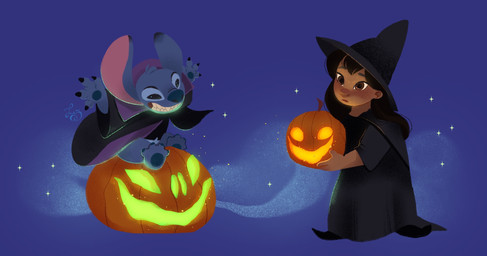 4_fingers 4_toes ambiguous_gender anthro bangs biped black_eyes black_hair blue_background blue_body blue_fur blue_nose blue_pawpads brown_eyes clothed clothing costume duo ear_markings feet female fingers food fruit fur glowing grin hair halloween_costume hat head_tuft headgear headwear holding_jack-o'-lantern holding_object holidays jack-o'-lantern long_hair pawpads plant pumpkin simple_background sitting sitting_on_object smile sparkles standing toes tuft vampire_costume witch_costume witch_hat luzz015 disney halloween lilo_and_stitch lilo_pelekai stitch_(lilo_and_stitch) alien experiment_(lilo_and_stitch) human mammal 2025 absurd_res hi_res male_(lore)