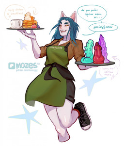 anthro apron clothed clothed_anthro clothed_female clothing coffee_cup container cup dildo female food footwear knot knotted_dildo looking_at_viewer pancake presenting_dildo sex_toy shoes simple_background smile solo speech_bubble talking_to_viewer tentacle_dildo text unusual_dildo unusual_sex_toy mozes.ipg star_cocks requiem_etsu domestic_cat felid feline felis mammal 2025 english_text hi_res