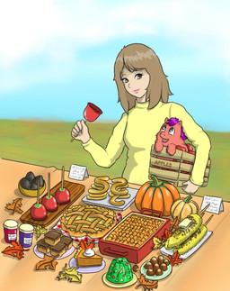 ambiguous_feral ambiguous_gender apple apple_pie autumn box brown_eyes brown_hair cake candy candy_apple clothed clothed_human clothing container corn dessert dish duo eye_contact female female_human feral food fruit fur hair holding_box holding_candy holding_container holding_food holding_object human_focus jelly_(food) light_body light_skin lips looking_at_another mouth_closed not_furry_focus open_mouth orange_leaves pastry pie pie_(food) pink_body pink_fur pink_lips plant pumpkin purple_hair smile sweater topwear yellow_clothing yellow_leaves yellow_sweater yellow_topwear carpdime fluffy_pony fluffy_pony_(species) human mammal 2022 digital_media_(artwork) hi_res