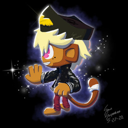 anthro aura big_ears black_background blonde_hair bottomwear clothing denim denim_bottomwear denim_clothing feet hair hat headgear headwear jacket jeans leather leather_clothing leather_jacket leather_topwear male pants pink_eyes red_bottomwear red_clothing red_jeans red_pants simple_background smile solo sparkles topwear sean_serpentine bloons_tower_defense ninja_kiwi gil_walker_(sean_serpentine) haplorhine mammal monkey primate 1:1 absurd_res hi_res