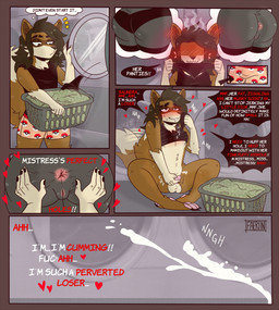 ambiguous_gender anthro anus aroused bodily_fluids body_worship breath butt clothing cum cumshot dialogue ejaculation erection fantasizing female genital_fluids genitals intersex intersex/female male male/female masturbation panties panting penis profanity small_penis sniffing sniffing_clothes sniffing_while_masturbating solo spread_butt spreading text underwear underwear_sniffing vulva faeriin saundra_(faeriin) canid canine canis dingo mammal mephitid skunk comic english_text hi_res