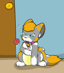 bell bell_collar bladder bodily_fluids collar diaper eyewear feral fur genital_fluids glasses green_eyes grey_body grey_fur male omorashi one_eye_closed one_eye_half-closed open_mouth orange_body orange_fur organs pacifier pacifier_necklace pink_nose sitting solo sweat tail tears text unclean_diaper urine used_diaper wearing_glasses wet_diaper wetness_indicator wetting wetting_diaper whining white_body white_fur cookid slinky_(cookid) calico_cat domestic_cat felid feline felis mammal