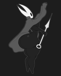 anthro big_breasts big_butt black_body breasts bubble_butt butt cloak clothing female glistening glistening_butt holding_object holding_weapon horn huge_breasts huge_butt side_boob side_view small_waist solo thick_thighs weapon white_body nerobero0 hollow_knight_(franchise) team_cherry hornet_(hollow_knight) arthropod 2026 digital_drawing_(artwork) digital_media_(artwork) full-length_portrait hi_res monochrome portrait