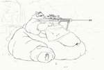 aiming ambiguous_gender anthro belly big_belly big_cheeks bipod bullet_casing chubby_cheeks electronics eyewear fat_rolls glasses gun headphones holding_gun holding_object holding_ranged_weapon holding_weapon huge_belly immobile morbidly_obese morbidly_obese_anthro navel nude obese obese_anthro outside overweight overweight_anthro plant ranged_weapon rifle scope sitting sniper_rifle solo tree weapon cettus jacqueline_feraud canid canine fox mammal 2020 sketch female_(lore)