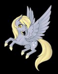 black_background blonde_hair eyelashes feathered_wings feathers female feral grey_body hair hooves simple_background smile solo tail wings yellow_eyes yellow_hooves yellow_tail milk-jug friendship_is_magic hasbro my_little_pony mythology derpy_hooves_(mlp) equid equine mammal mythological_creature mythological_equine pegasus hi_res