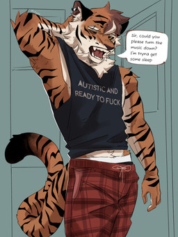 anthro arm_tuft armpit_tuft black_clothing black_shirt black_stripes black_tank_top black_topwear black_underwear blue_background bodily_fluids bottomwear brown_body brown_fur clothing crotch_tuft dialogue ear_piercing elbow_tuft eyebrow_piercing facial_piercing fur hand_behind_head head_tuft inner_ear_fluff looking_at_viewer male markings muscular muscular_anthro muscular_male neck_tuft one_eye_closed open_mouth orange_body orange_eyes orange_fur pants pattern_bottomwear pattern_clothing pattern_pants piercing plaid plaid_bottomwear plaid_clothing plaid_pants profanity red_bottomwear red_clothing red_pants sharp_teeth shirt simple_background solo speech_bubble standing stretching striped_body striped_fur striped_markings striped_tail stripes tail tail_markings talking_to_viewer tank_top teardrop tears teeth text text_on_clothing text_on_shirt text_on_tank_top text_on_topwear topwear tuft underwear white_body white_fur l4ng felid mammal pantherine tiger 2025 3:4 digital_drawing_(artwork) digital_media_(artwork) english_text hi_res portrait three-quarter_portrait