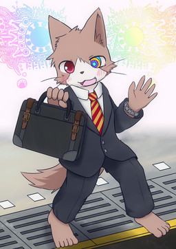 5_fingers 5_toes abstract_background anthro barefoot biped black_nose blue_eyes blush bottomwear briefcase brown_body brown_fur clock clothed clothing cute_fangs fangs feet fingers fully_clothed fur gesture heterochromia holding_object humanoid_feet jacket kemono looking_at_viewer male multicolored_body multicolored_eyes multicolored_fur necktie open_mouth open_smile pants plantigrade psychedelic purple_eyes red_eyes shirt smile solo suit teeth toes topwear two_tone_body two_tone_fur walking watch waving whiskers white_body white_fur yellow_eyes young young_anthro young_male magumomo domestic_cat felid feline felis mammal 2015 hi_res
