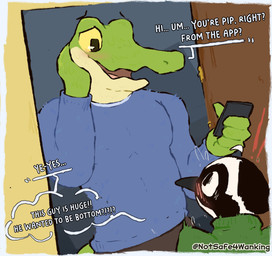 anthro anthro_on_anthro beak blush cellphone clothed clothing dialogue electronics feathers fully_clothed green_body holding_object holding_phone larger_male male male/male male_anthro nervous nervous_smile phone scales size_difference smaller_male smartphone speech_bubble standing surprised text thought_bubble notsafeforwanking avian bird black-and-white_warbler crocodile crocodilian oscine passerine reptile scalie warbler absurd_res english_text hi_res