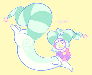 ambiguous_gender chibi clock colored_outline feral fur head_tuft jester markings neck_bow pawpads pink_cheeks pose sharp_teeth simple_background smile solo sparkles spiral spiral_eyes star striped_markings striped_tail stripes tail tail_markings teal_body teal_fur teeth text thick_tail tuft unusual_ears white_body yellow_sclera yellow_teeth clockstops3am conditional_dnp unknown_species hi_res