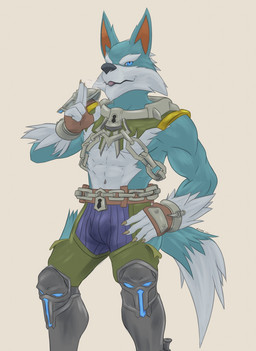 abs anthro blue_body blue_eyes blue_fur bottomwear chain clothed clothing collar cuff_(restraint) fur lock male metal_collar multicolored_body multicolored_fur restraints shackles solo mizukage_(artist) hi-rez_studios mythology paladins_(game) viktor_(paladins) canid canine canis mammal mythological_canine mythological_creature werecanid werecanine werecreature werewolf wolf hi_res
