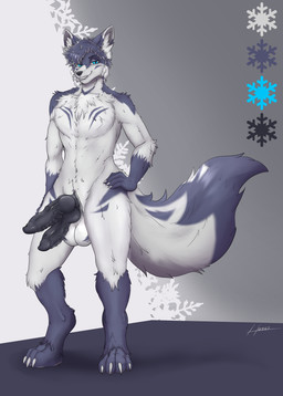 anthro balls big_balls black_penis blue_eyes erection fur fur_markings genitals hand_on_hip knot knotted_penis looking_at_viewer male markings multi_genitalia multi_penis nude penis ridged_penis simple_background smile solo standing tail hermez_art snowless canid canine mammal absurd_res hi_res