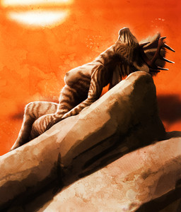 anthro breasts female fur hair nipples nude reclining rock solo stripes sun sunset hattonslayden zedoe deer equid equine hybrid mammal new_world_deer reindeer zebra 2014