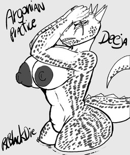 anthro big_breasts big_butt big_nipples breasts butt fangs female frown frowning_at_viewer horn looking_at_viewer muscular muscular_anthro muscular_female navel nipples non-mammal_breasts non-mammal_navel non-mammal_nipples scar solo tail teeth thick_thighs rcblackdie bethesda_game_studios microsoft skyrim the_elder_scrolls deeja argonian lizard reptile scalie 5:6 hi_res monochrome sketch